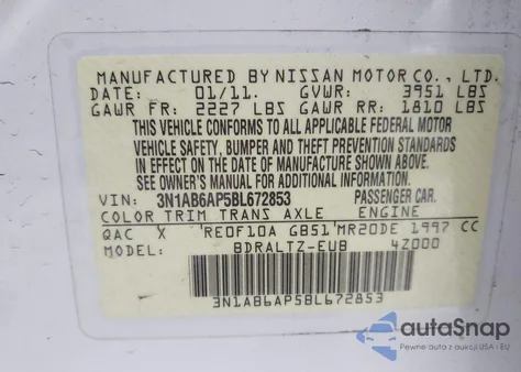 2011 Nissan Sentra 2.0Sr z USA, uszkodzony, nr VIN 3N1AB6AP5BL672853